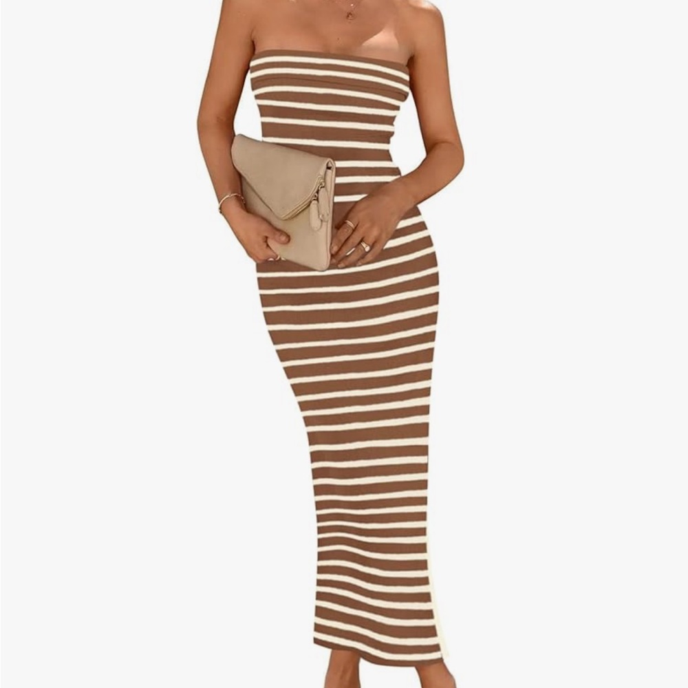 Striped Brown and White Strapless Bodycon Maxi Dress
